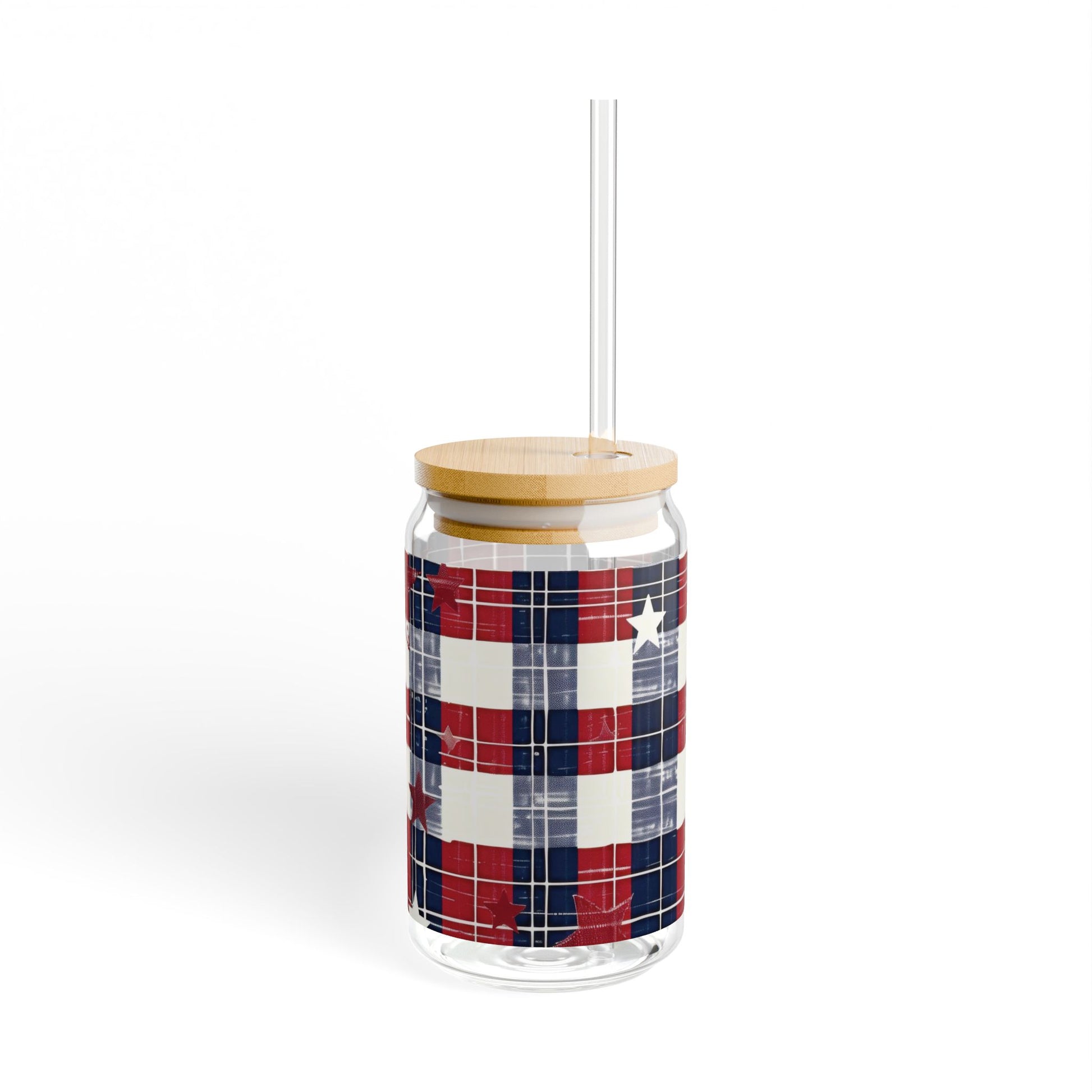 Patriotic Flag Glass Sipper Cup 16oz with Optional Bamboo Lid & Tritan Straw