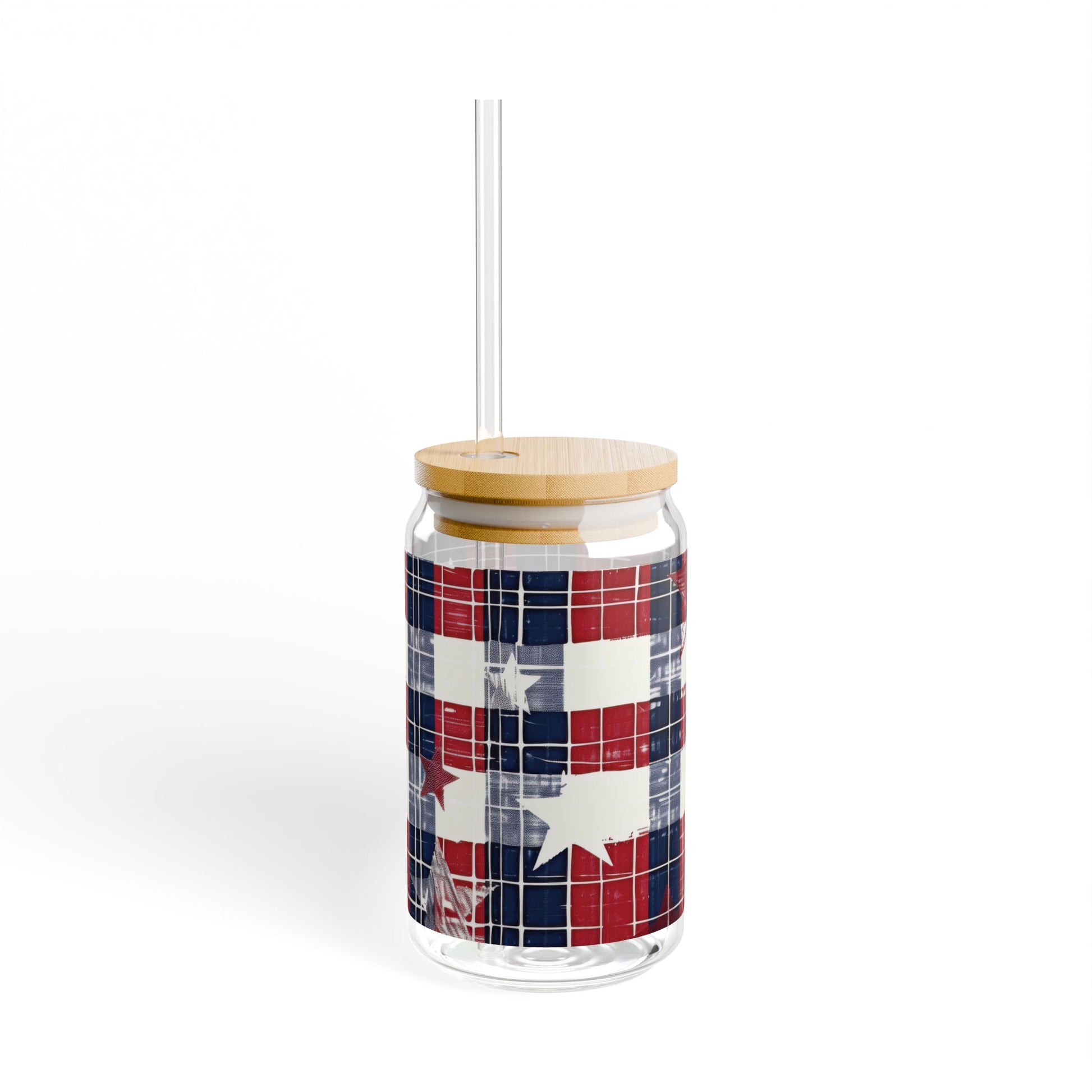 Patriotic Flag Glass Sipper Cup 16oz with Optional Bamboo Lid & Tritan Straw