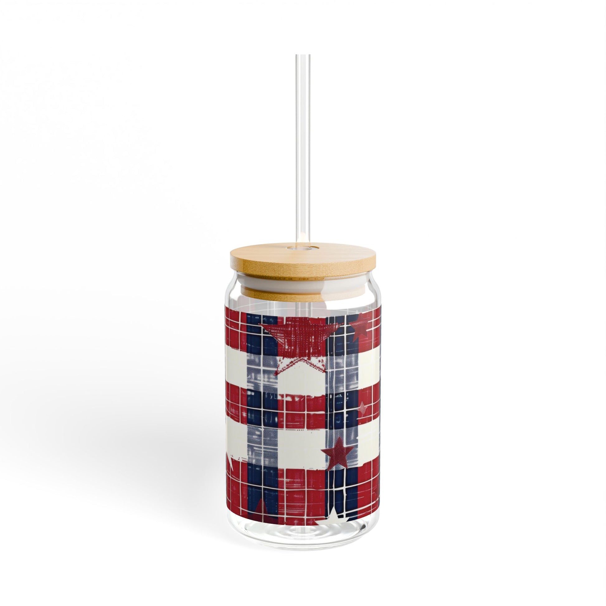Patriotic Flag Glass Sipper Cup 16oz with Optional Bamboo Lid & Tritan Straw